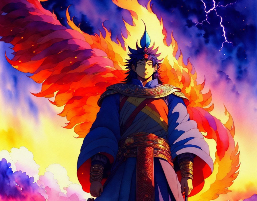 Dark-haired animated character in regal attire against fiery wings backdrop