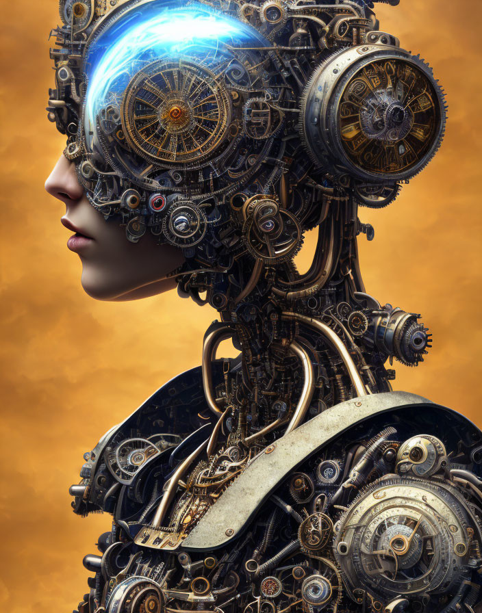 Female Figure with Mechanical Head and Gears on Warm Background