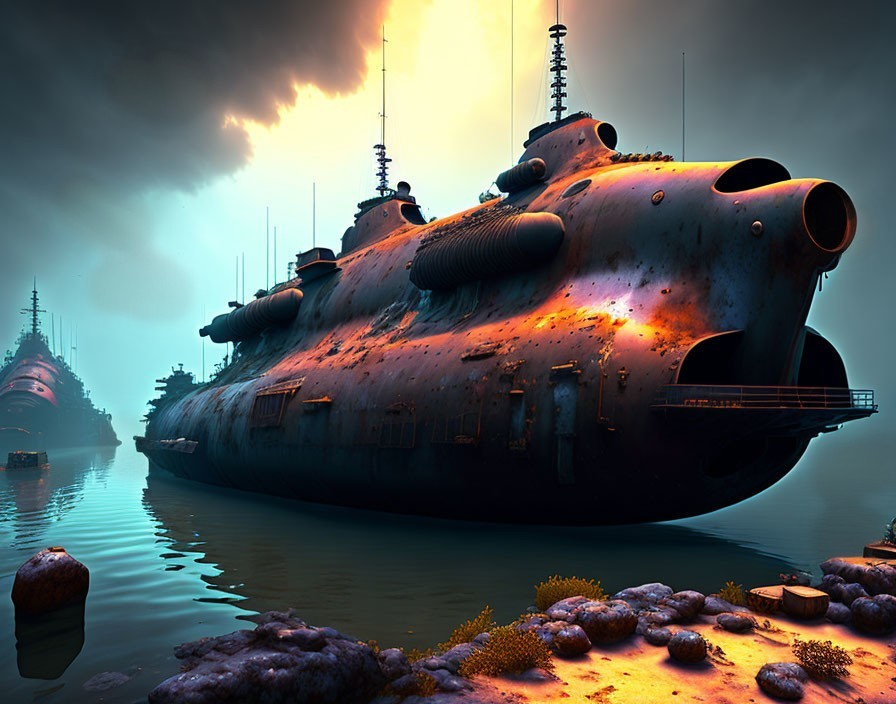 Futuristic armored submarines with antennas in misty harbor