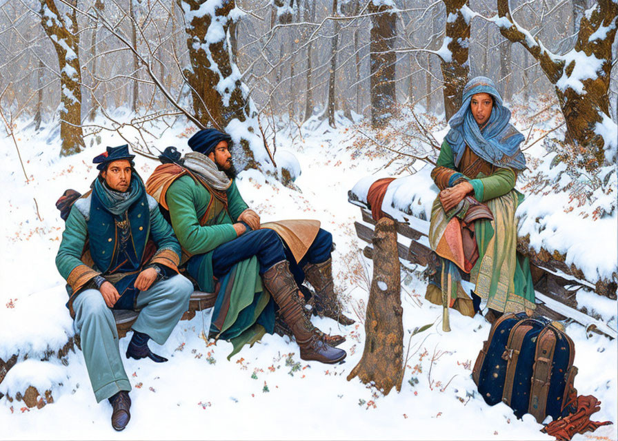 Three people in historical attire resting in snowy forest with fallen log and suitcase, evoking wintry travel