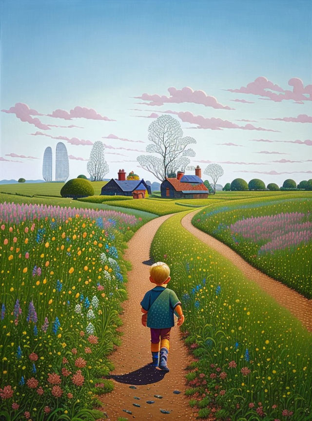 Vibrant flower fields with boy walking towards countryside house