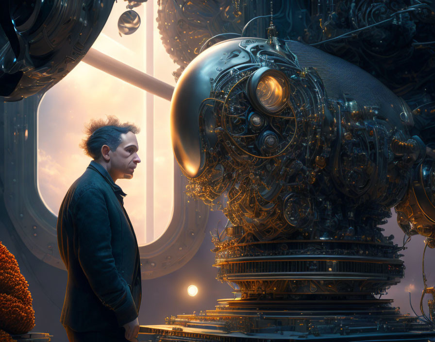 Disheveled person looking at spherical machine in room with sunset view