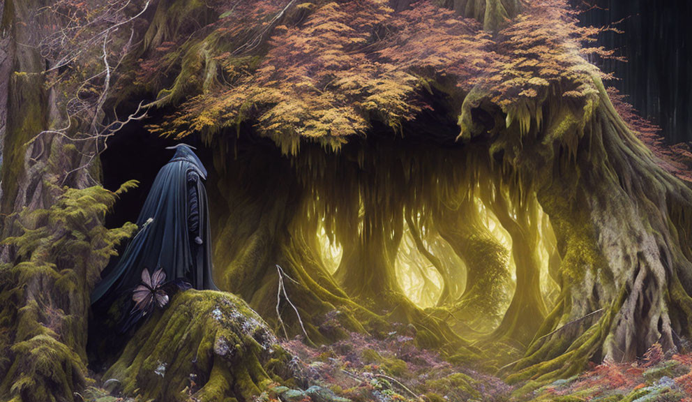 Mysterious figure in black cloak by ancient tree with luminous hollow