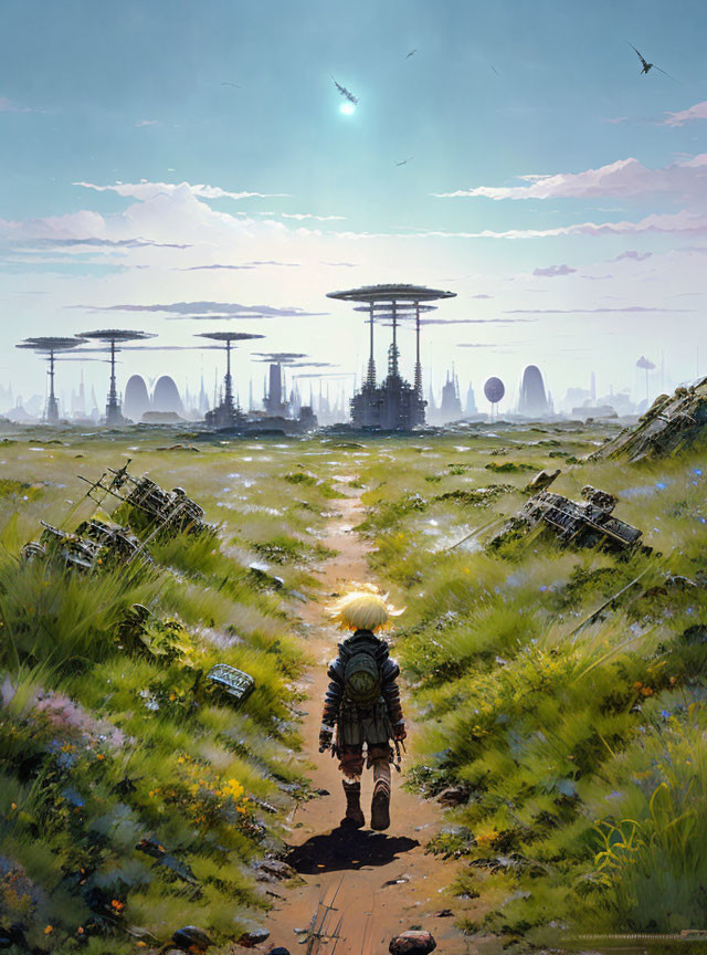 Child walking to futuristic city amid grassy landscape with derelict tech and flying birds under hazy