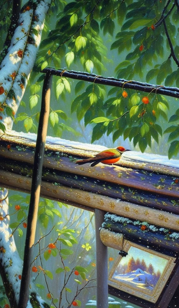 Red Bird on Wooden Ladder Among Snow-Dusted Trees