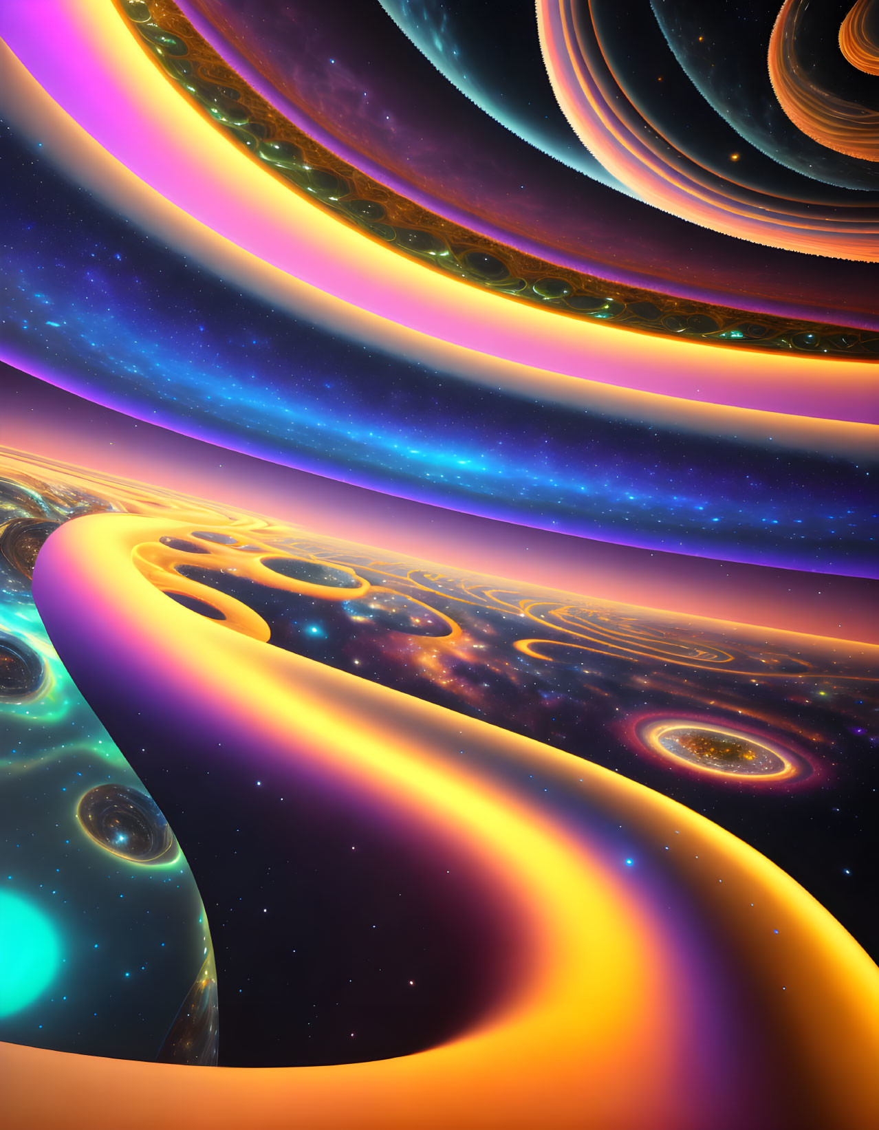 Colorful digital artwork: Swirling cosmic structures in warm hues on starry background