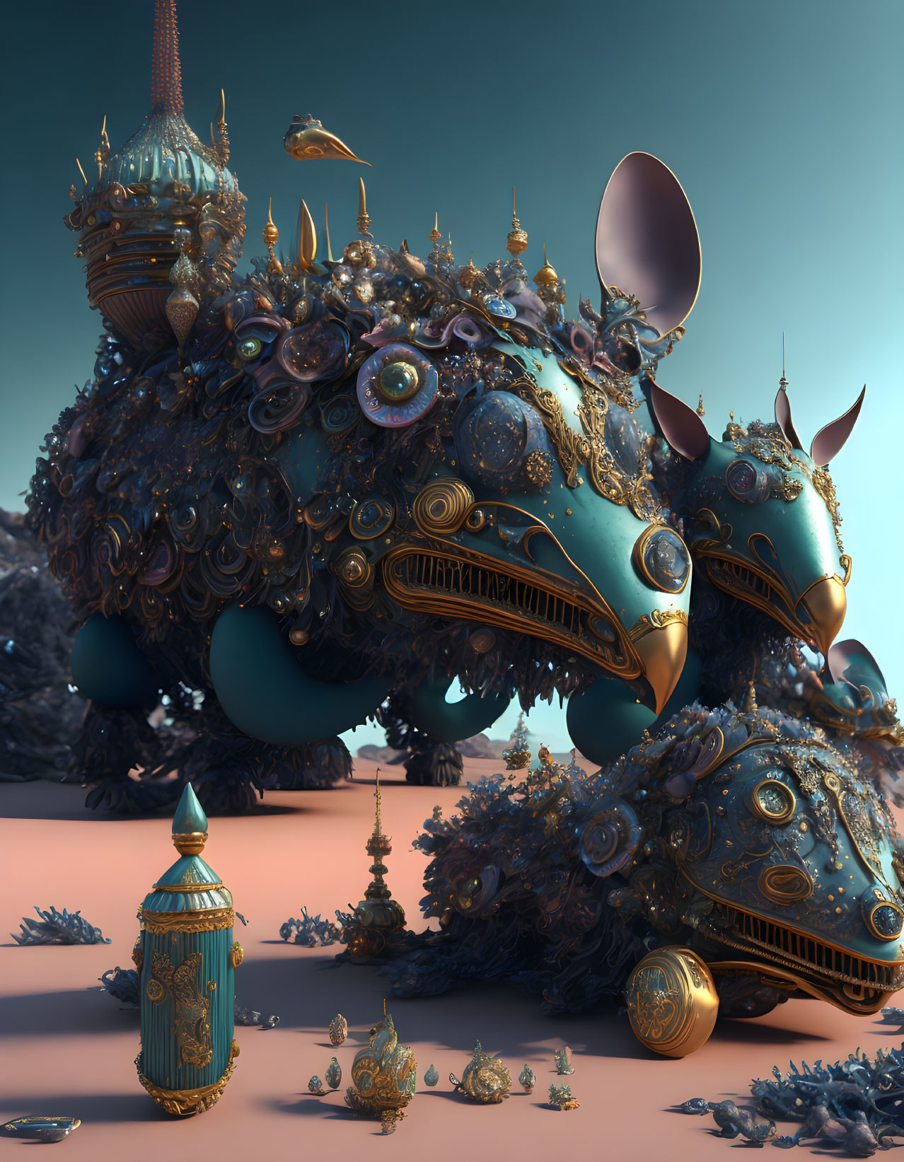 Surreal 3D Artwork with Golden Creature-Like Structures on Teal and Pink Background