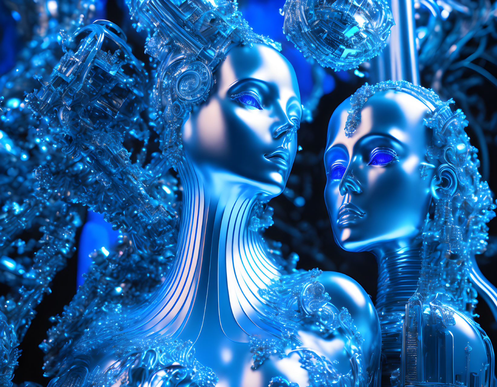 Detailed futuristic robotic faces in blue tones on complex background