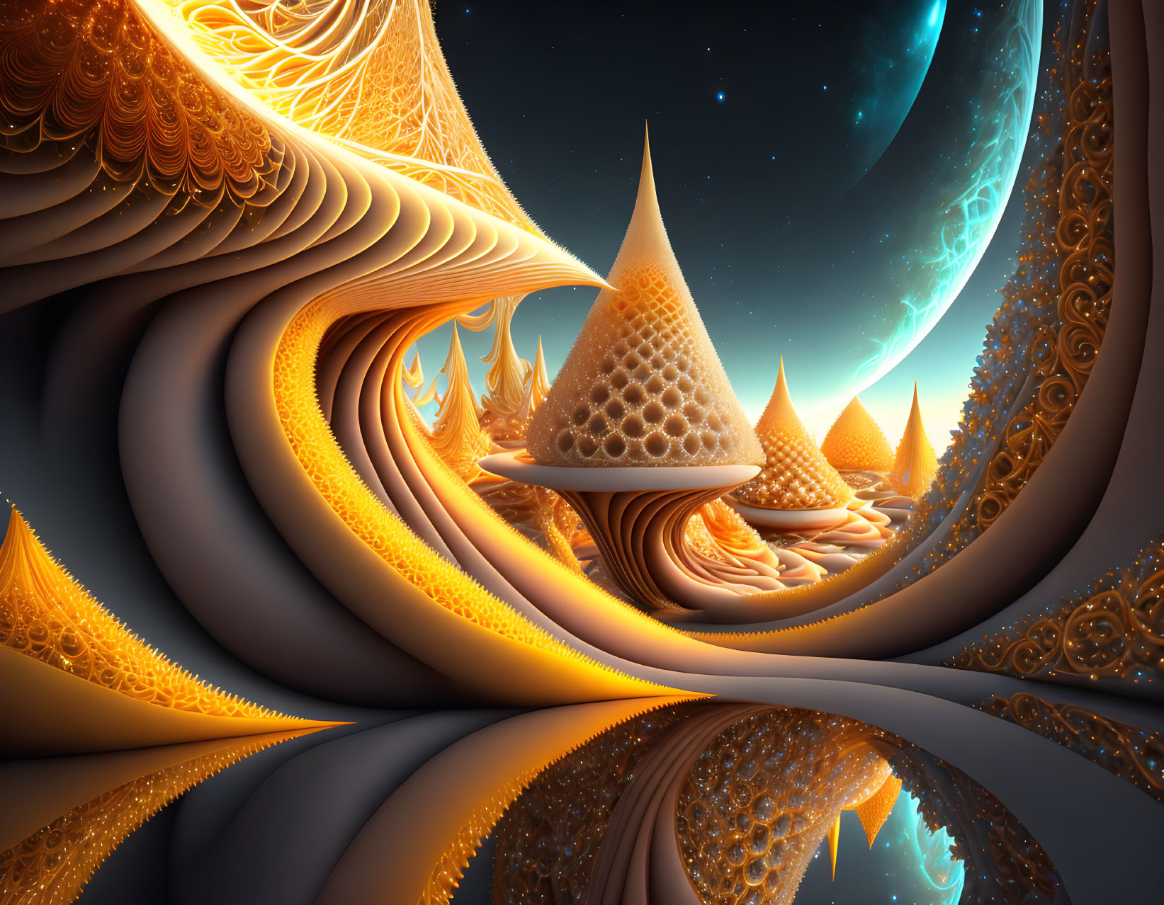 Surreal fractal landscape with orange and blue tones, spirals, pyramid structures, and reflective