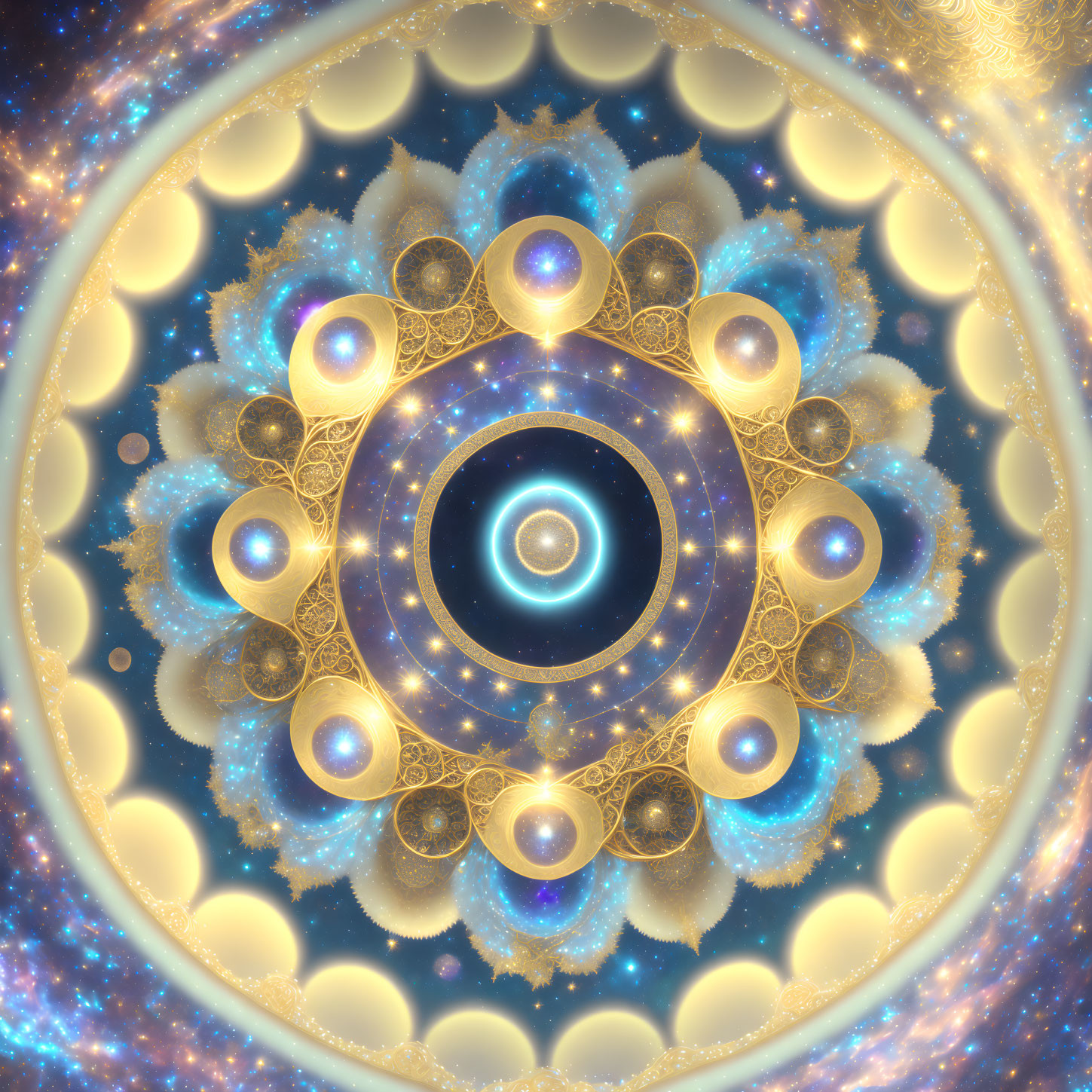 Symmetrical fractal design in blue and gold with circular motifs