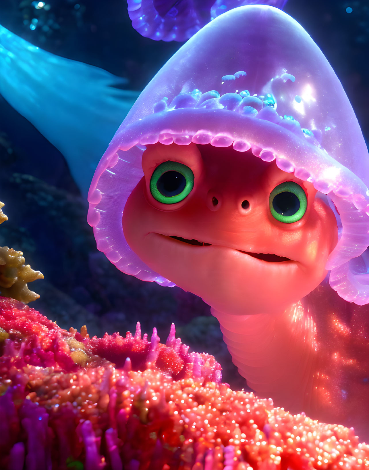 Colorful Animated Sea Turtle with Green Eyes in Coral Reef Scene