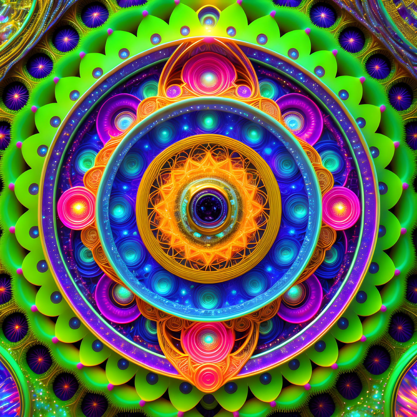 Colorful concentric circle fractal art in neon blue, green, orange, and purple.