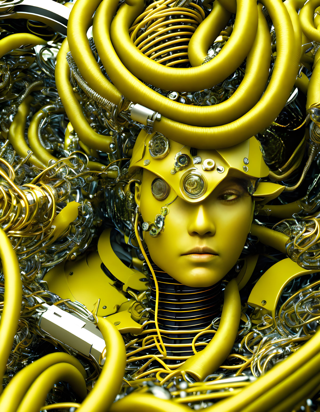 Intricate Yellow and Silver Robot with Coils and Cables