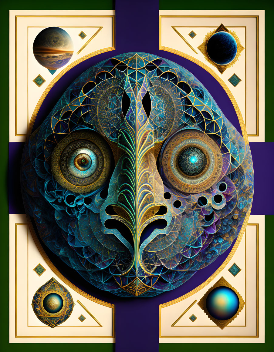 Symmetrical digital artwork: Eyes, celestial bodies, geometric patterns, gold and purple on dark background.