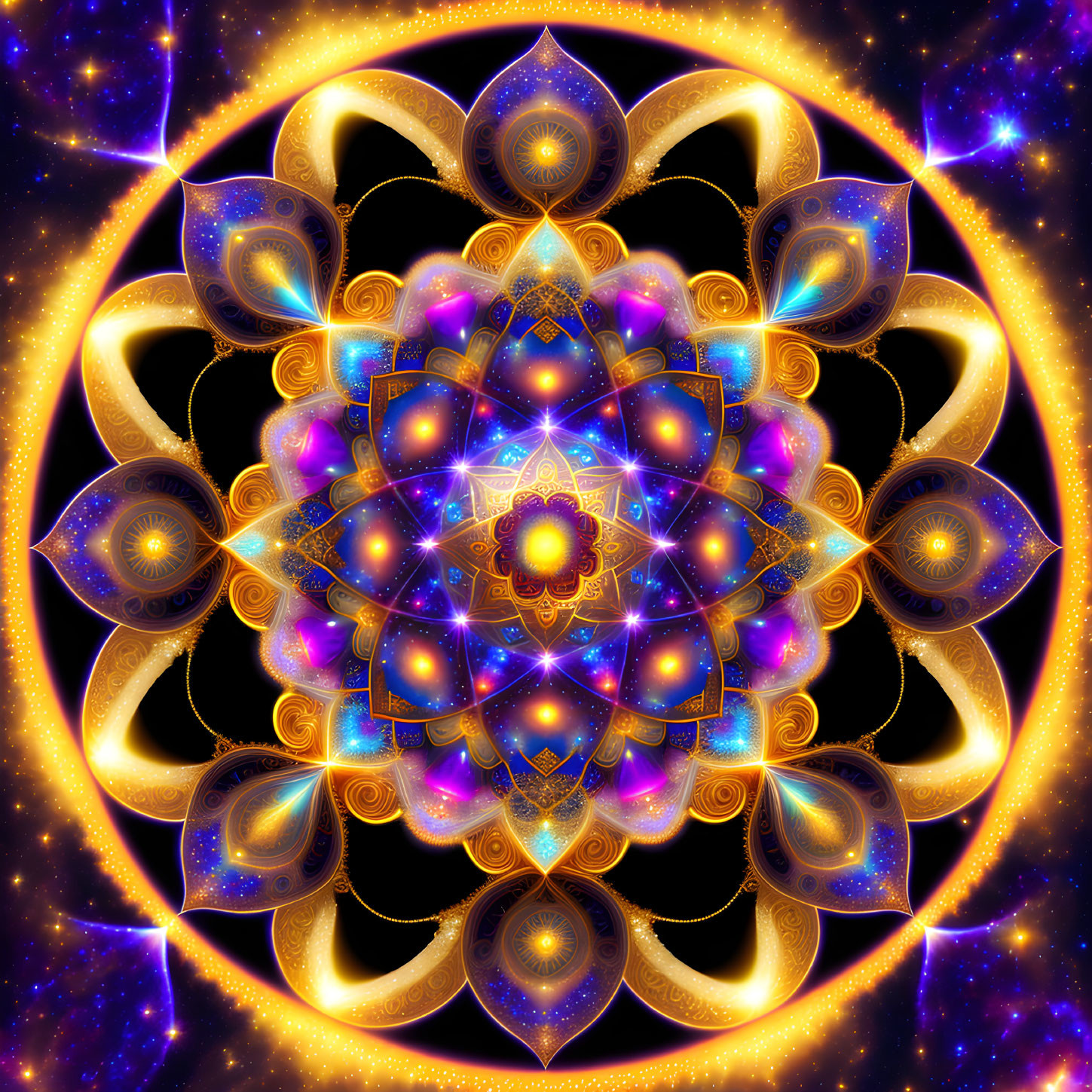 Symmetrical gold, purple, and blue fractal art with star-like motifs