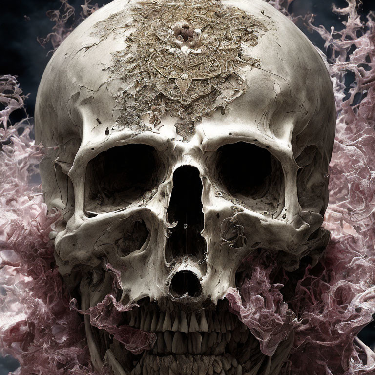 Intricate Golden Patterned Skull in Pink Mist on Dark Background