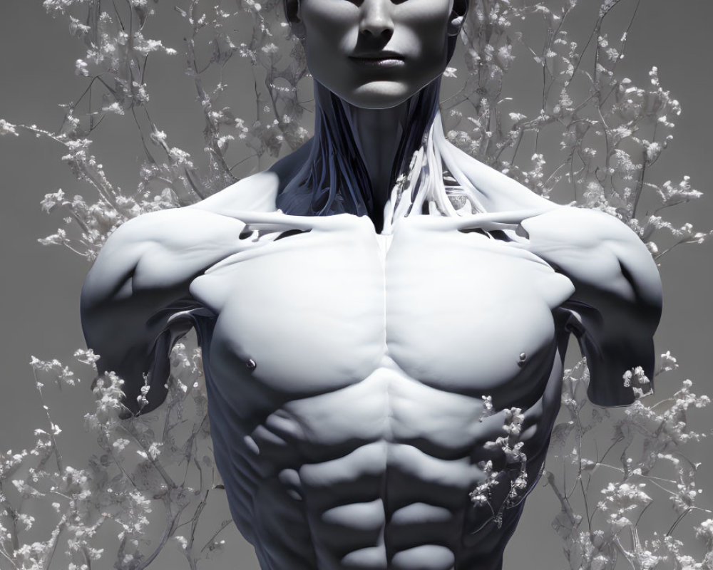 Digital artwork: Humanoid figure with stylized muscles and blossoming branches on grey background