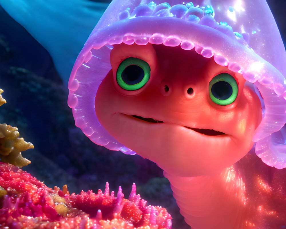 Colorful Animated Sea Turtle with Green Eyes in Coral Reef Scene