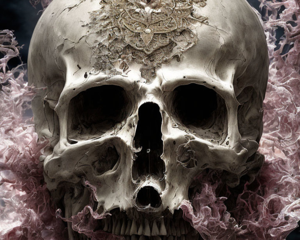 Intricate Golden Patterned Skull in Pink Mist on Dark Background