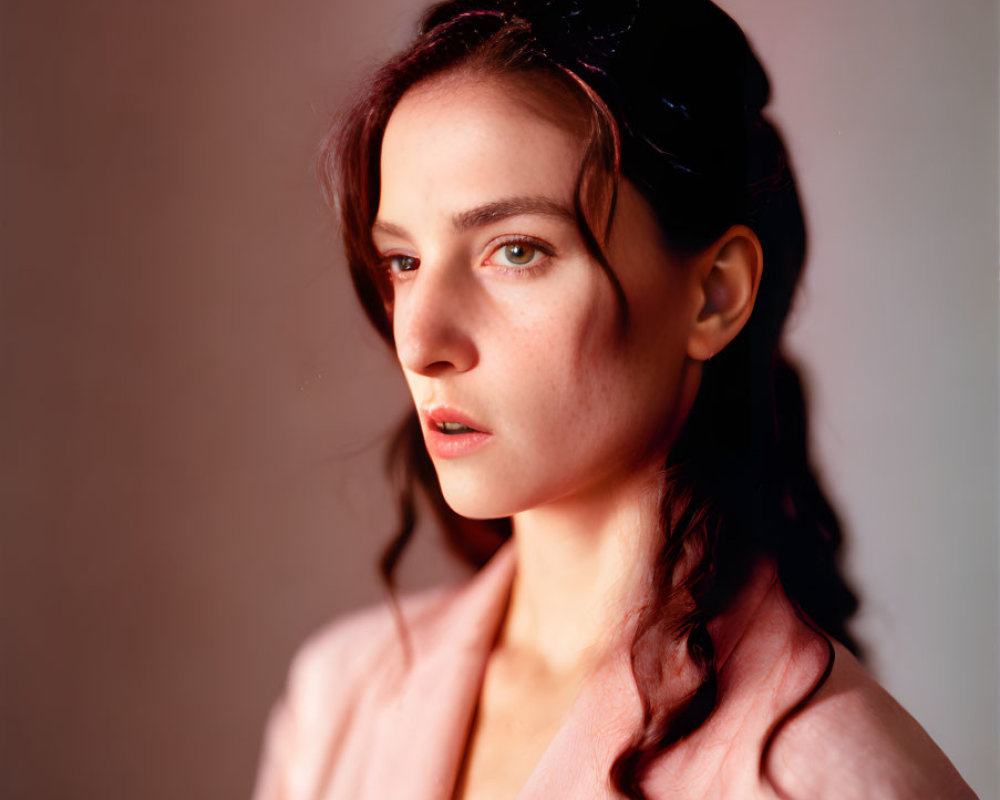 Dark-haired woman in braids wearing pink outfit gazes at camera in soft light