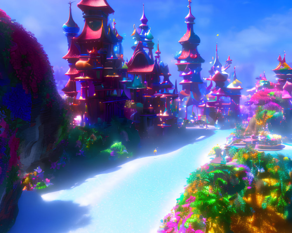 Colorful fantasy landscape with whimsical towers and glowing river