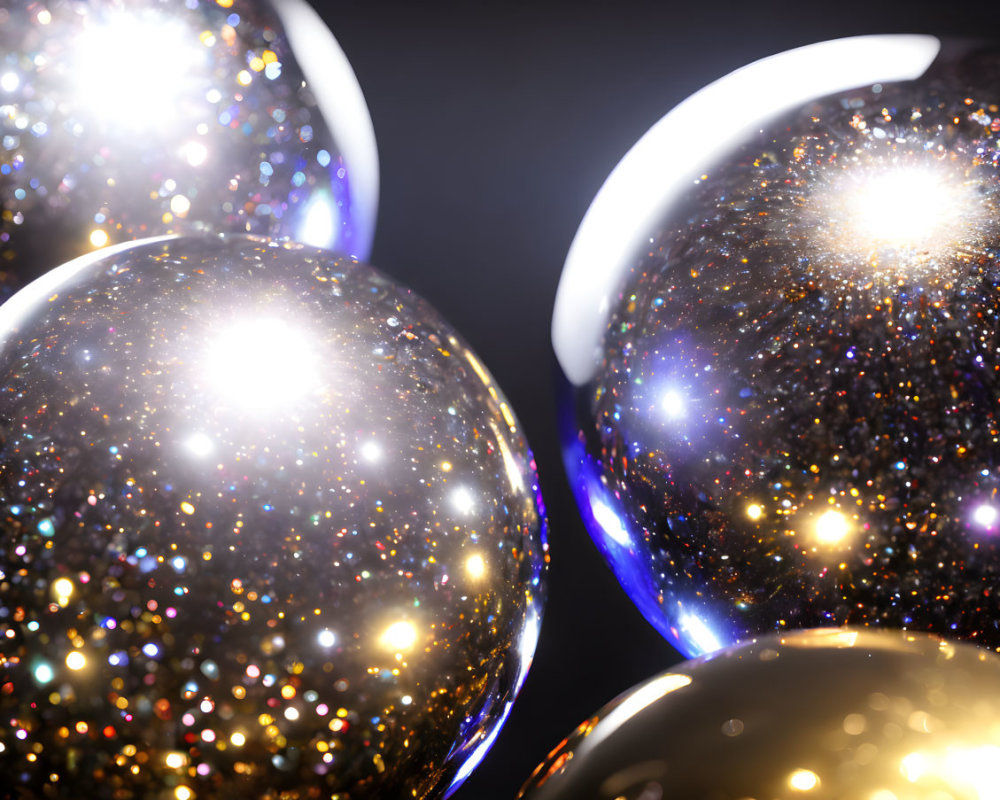 Glittering globes with sparkling lights on dark background