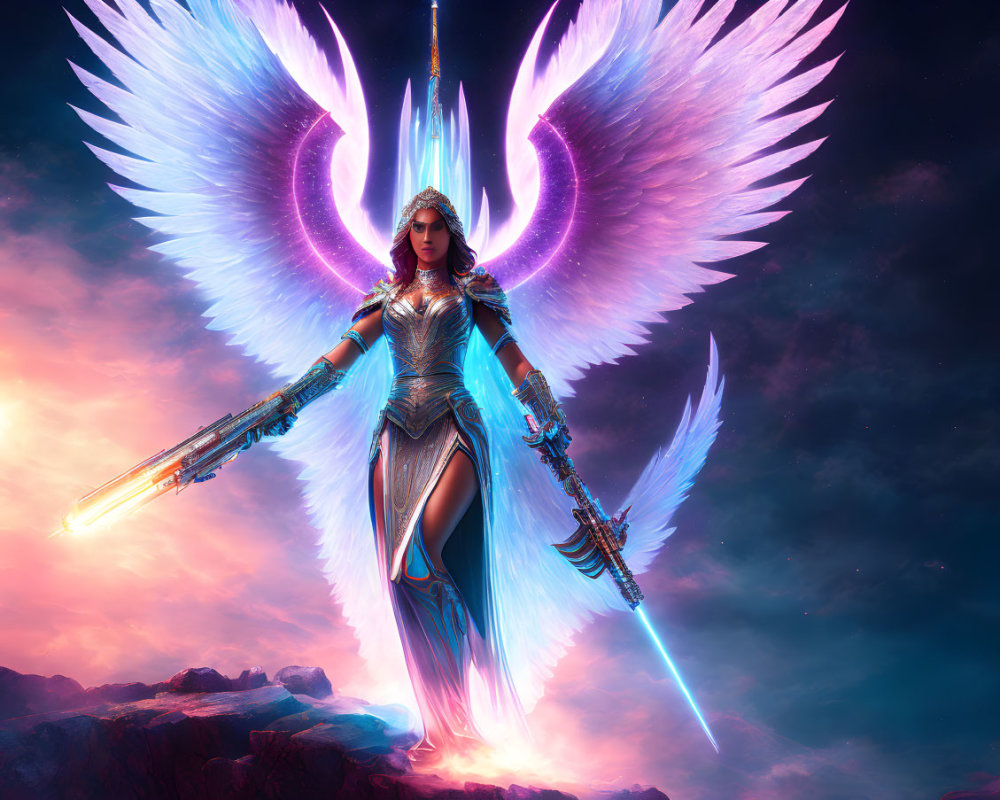 Female warrior with luminous wings wields glowing swords at twilight