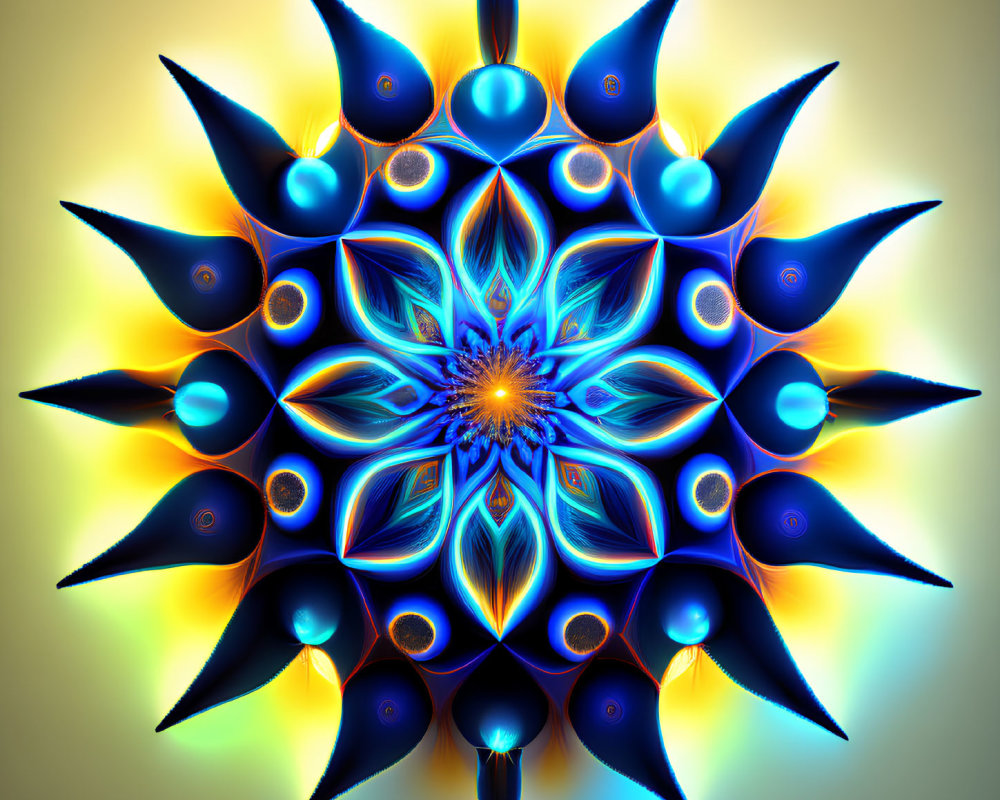 Symmetrical blue and yellow fractal with star-like patterns