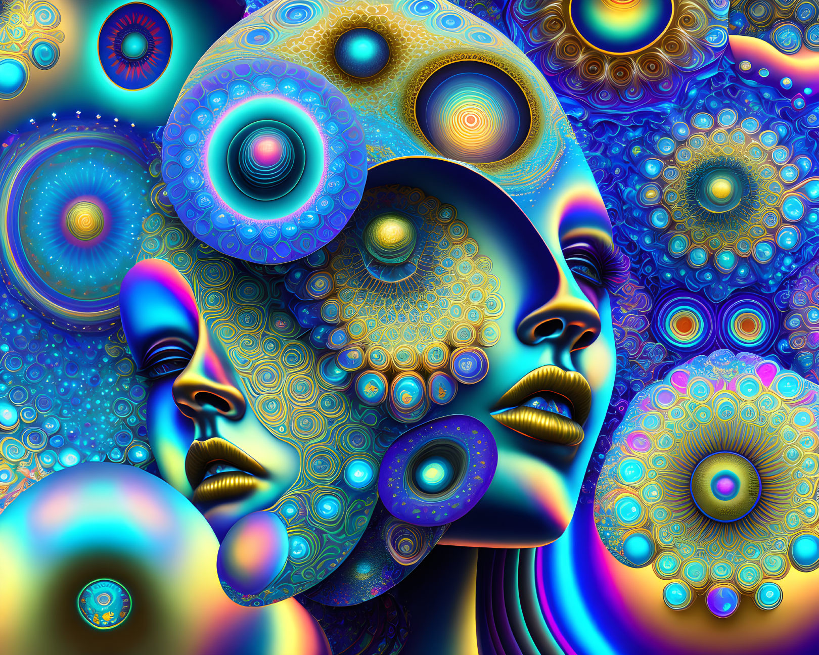 Surreal digital art with multiple faces and fractal patterns in blue and gold