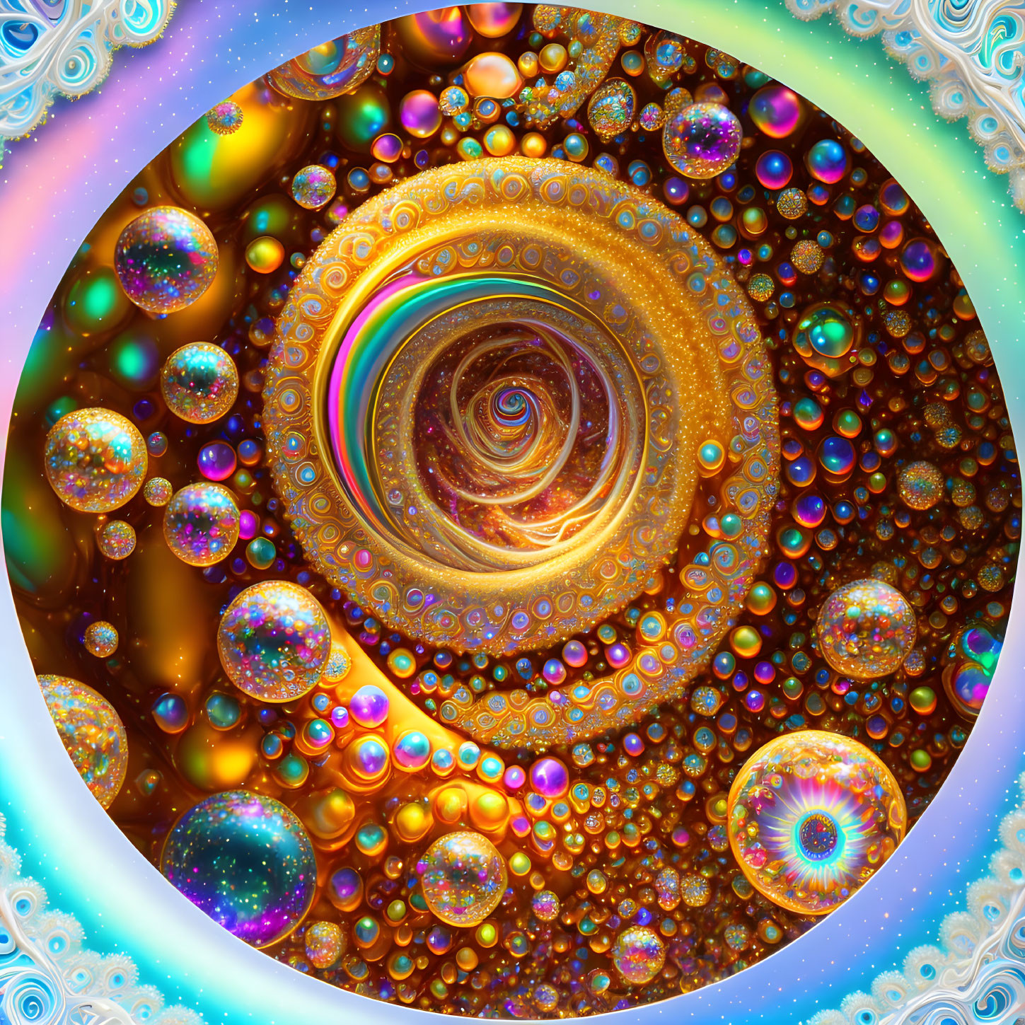 Colorful fractal image with spiraling pattern and ornate spheres on psychedelic background