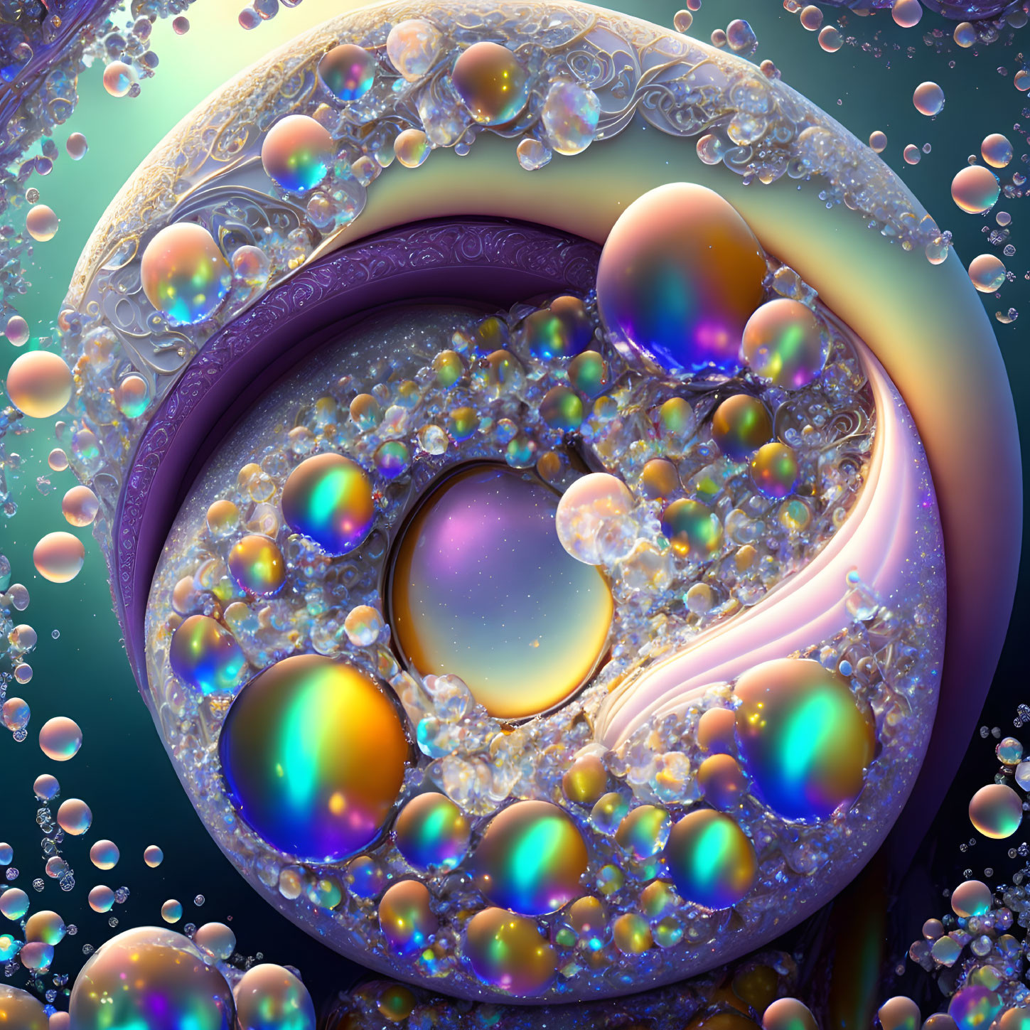 Colorful fractal design with iridescent bubbles and cosmic patterns