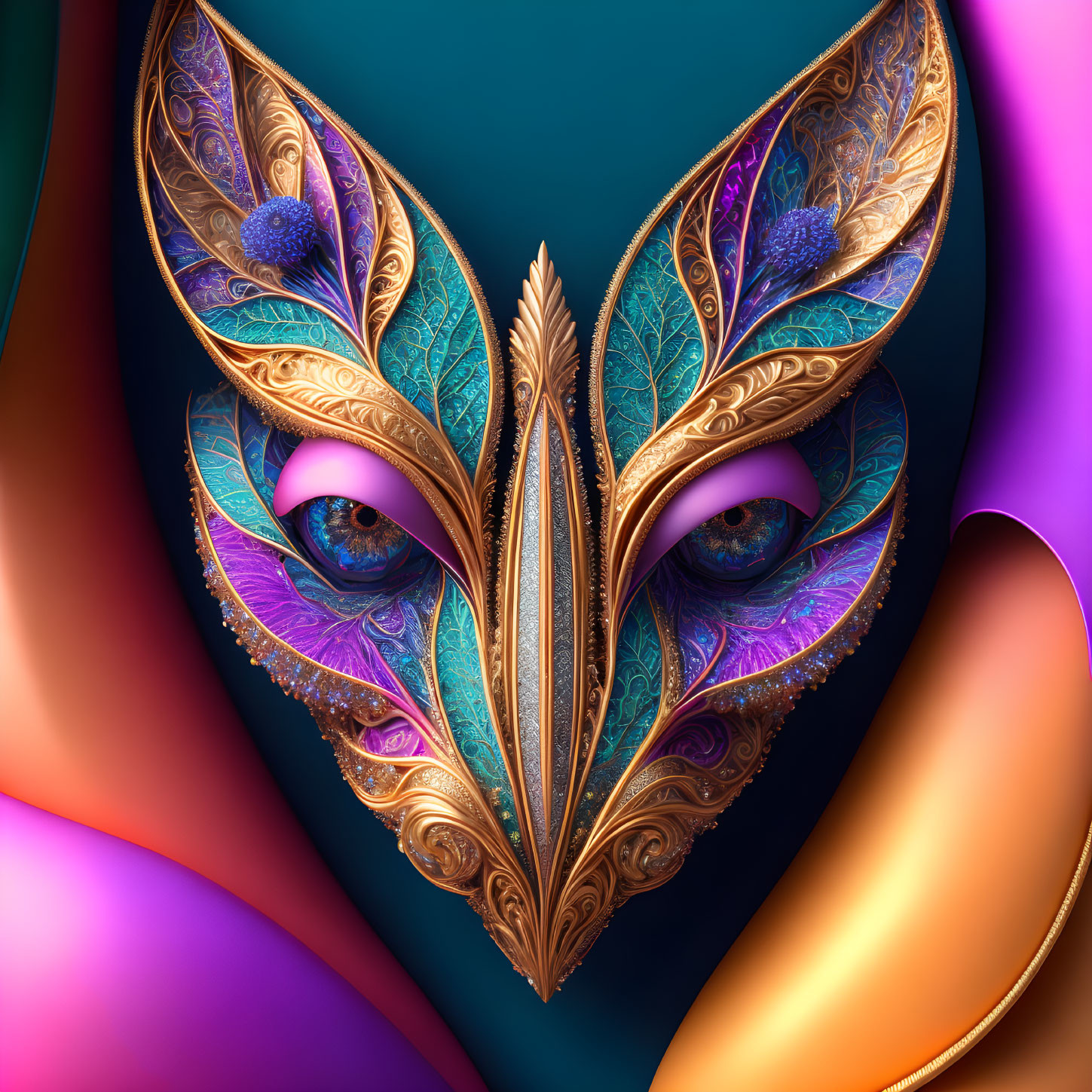 Colorful digital art: stylized eyes in ornate mask design with leafy patterns