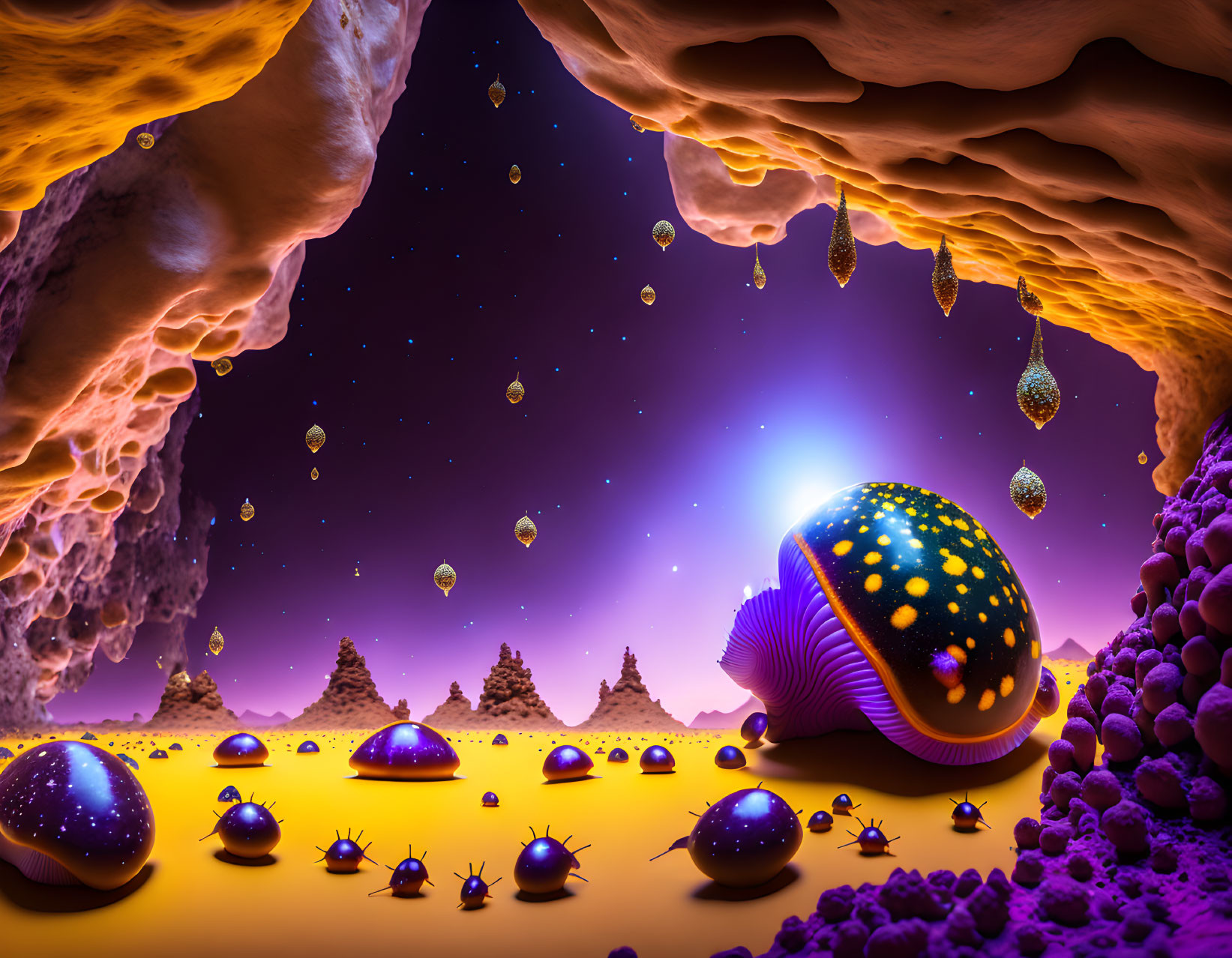 Vibrant purple sky with glowing orbs and whimsical snail in surreal alien landscape