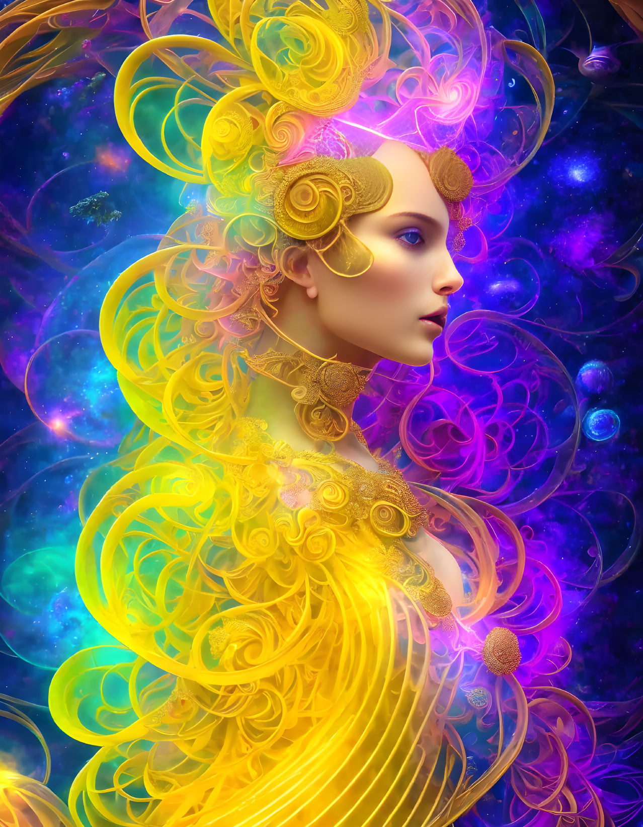 Digital artwork: Woman with yellow hair against cosmic background