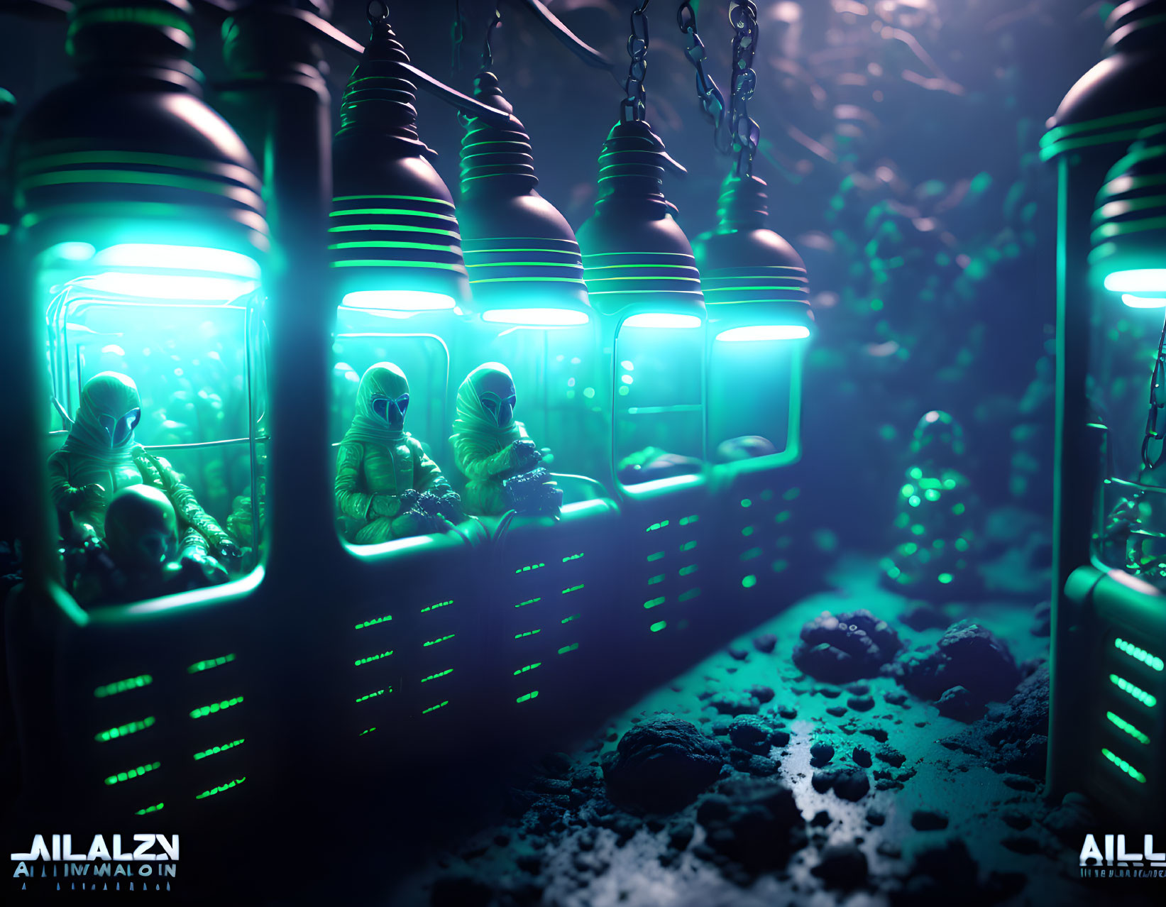 Neon green glow lanterns with space suit figures in dark, misty sci-fi setting