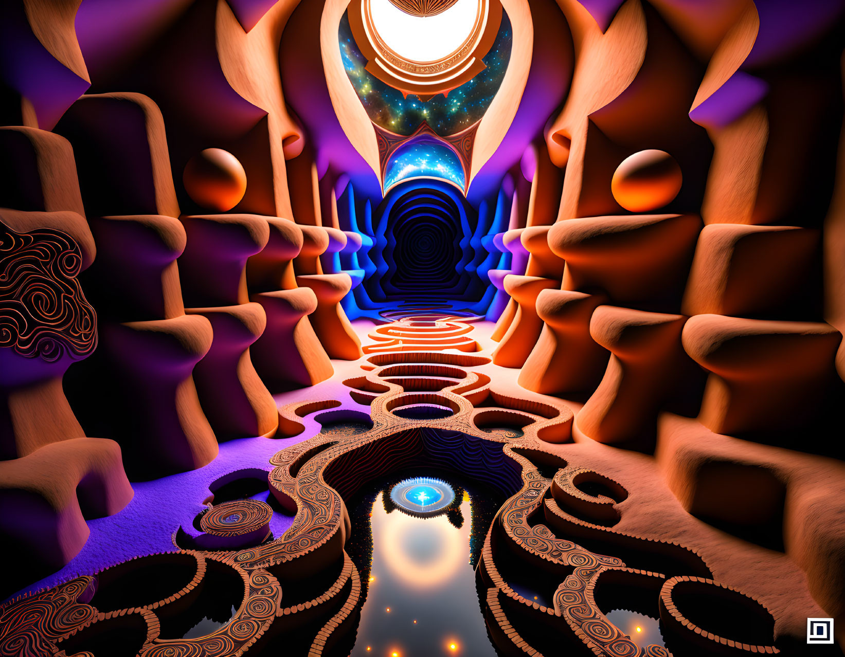 Surreal cosmic portal artwork with glowing path and alien structures