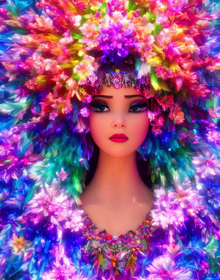 Colorful portrait with floral headpiece and vibrant hair surrounded by flowers