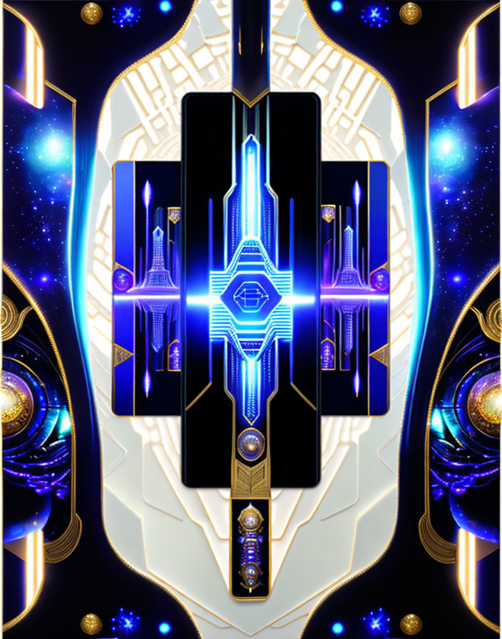 Symmetrical Blue and Gold Cosmic Digital Artwork