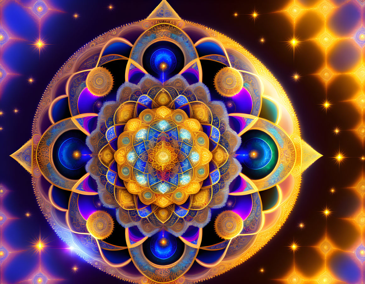 Colorful fractal mandala art with intricate blue, gold, and purple patterns