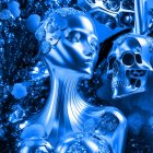 Detailed futuristic robotic faces in blue tones on complex background