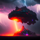 Majestic dragon-like creature in stormy sky with intense lightning and fiery landscape below