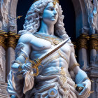 Regal female figure in white and gold with sword, surrounded by detailed sculptural figures