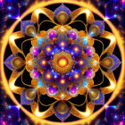 Symmetrical gold, purple, and blue fractal art with star-like motifs