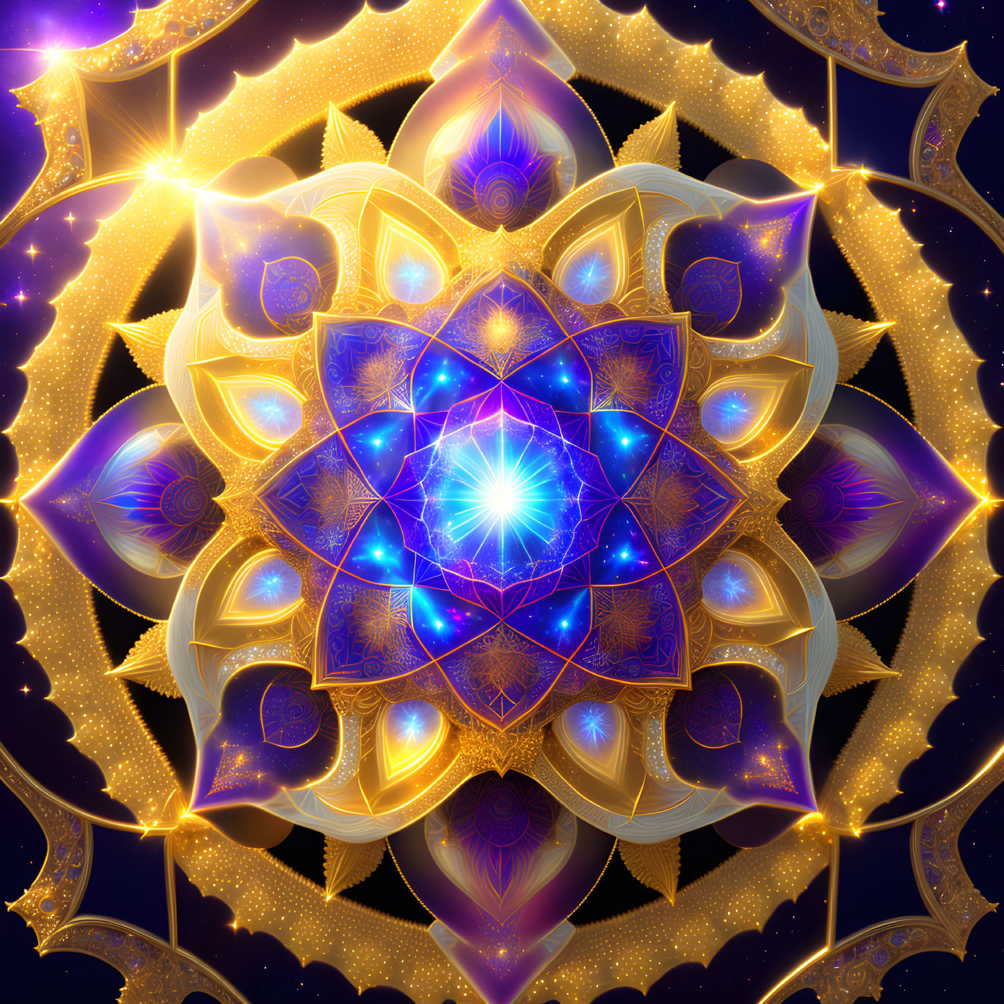 Intricate Golden and Purple Mandala with Blue Center