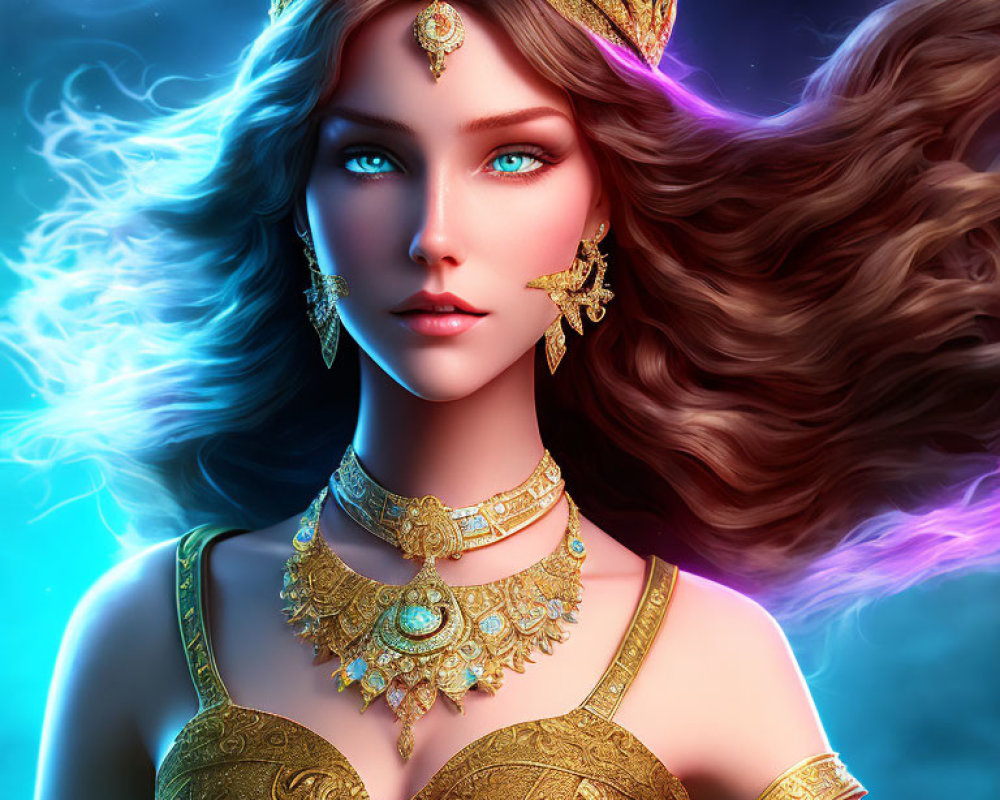 Fantasy queen digital artwork with golden crown and flowing hair