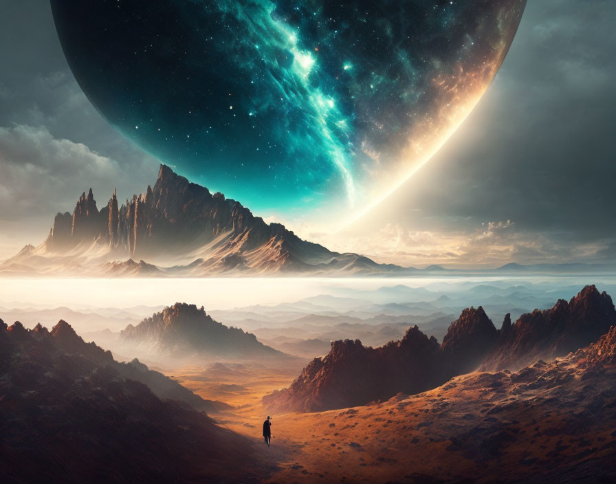 Person on alien landscape gazes at large planet in star-filled sky