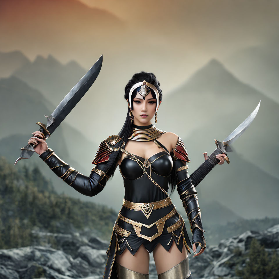 Warrior woman in black and gold armor with knives against misty mountains