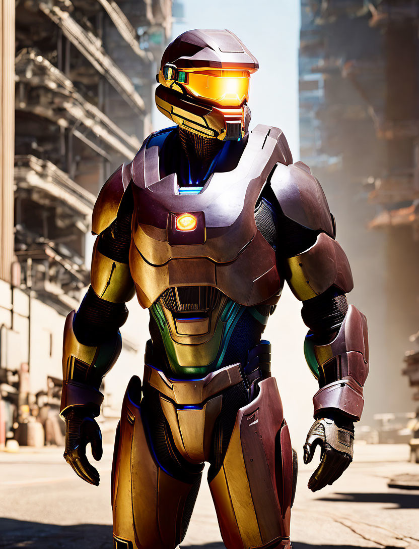 Futuristic armored suit with visor in urban setting