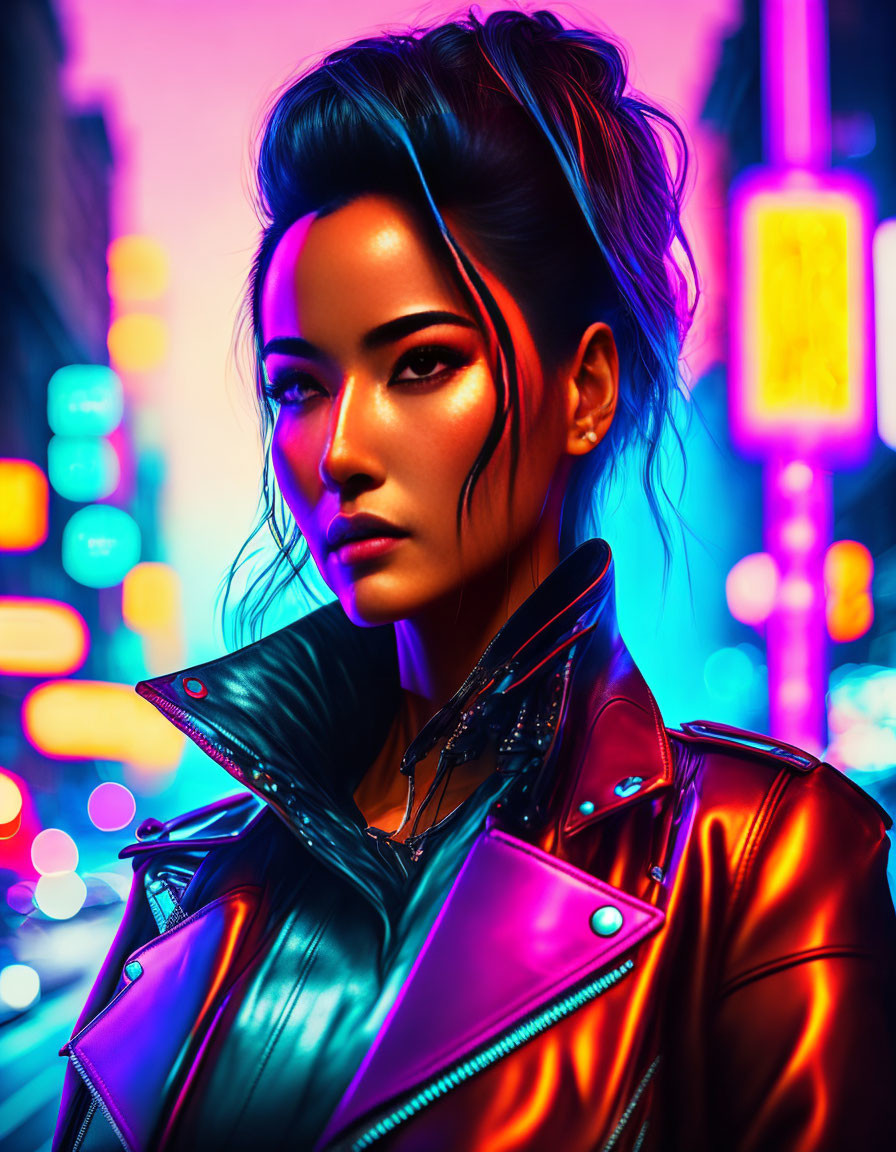 Bold Makeup Woman in Leather Jacket Stands in Neon City Lights