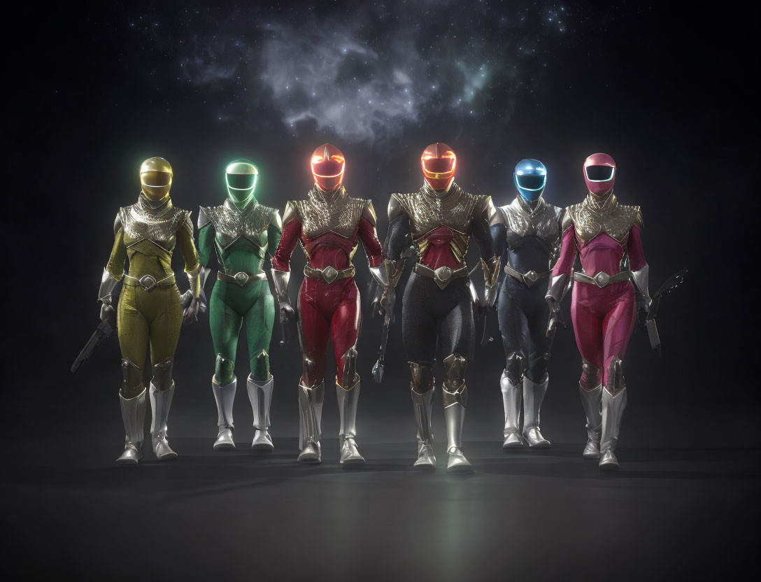 Five individuals in colorful Power Ranger suits against cosmic backdrop